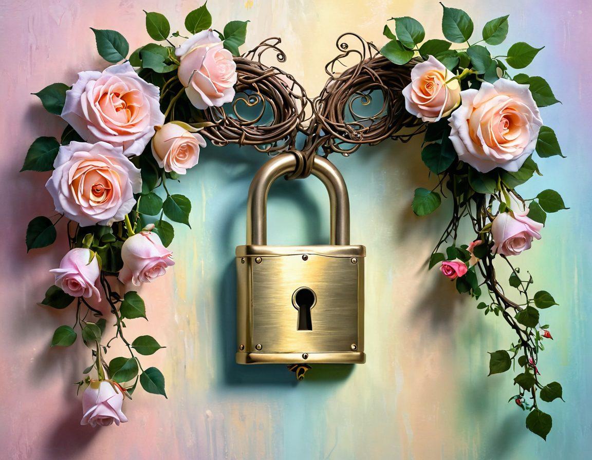 A heart-shaped lock and key symbolizing lasting love, entwined with vines of blooming roses and soft glowing lights in the background. Include gentle hands reaching towards the lock, signifying connection and romance. Surround the scene with pastel colors that evoke warmth and tenderness. painting. soft focus. vibrant colors.