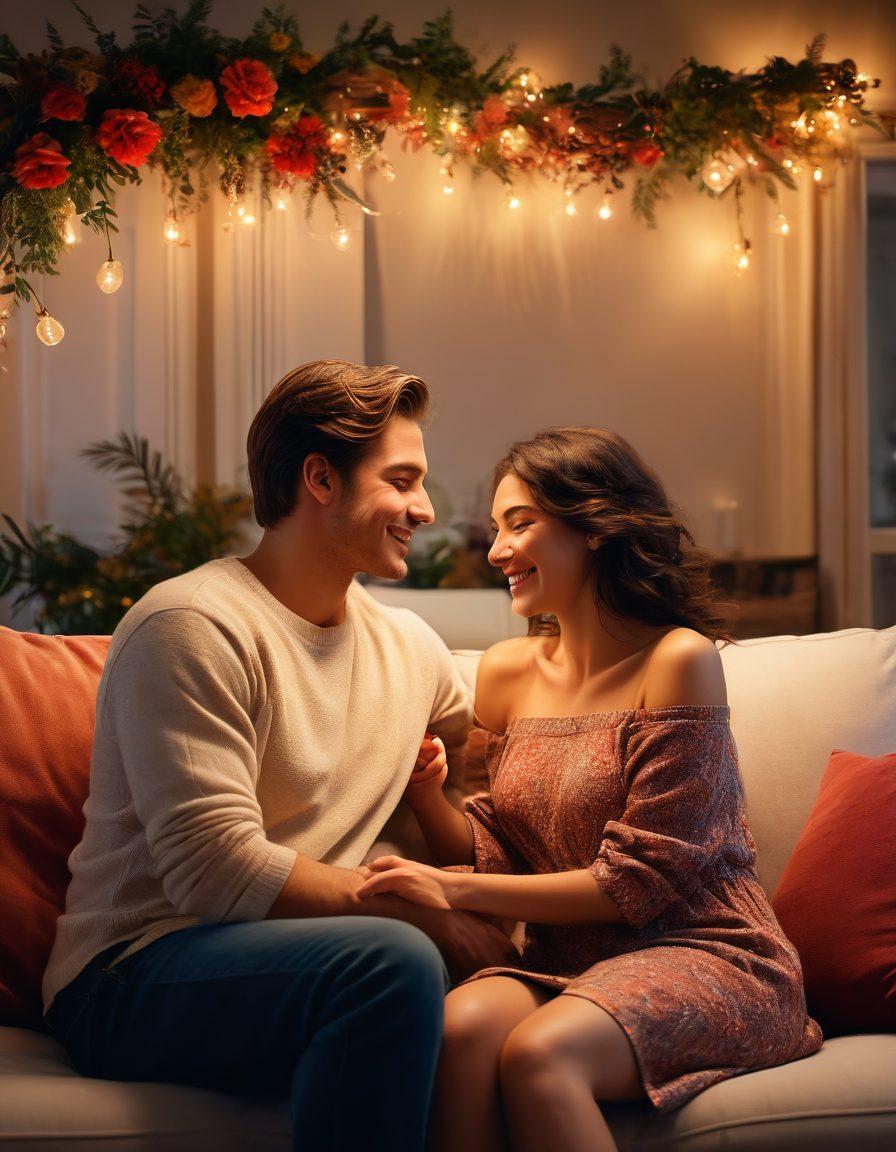 A warm, intimate scene of a couple sharing joyful moments together, surrounded by soft glowing lights and floral decorations. The setting includes a cozy living room with a comfortable couch, where they are engaged in a heartfelt conversation, showcasing their affection and support. Elements of togetherness like intertwined hands and genuine smiles are highlighted. The atmosphere is inviting and romantic, with rich colors conveying deep emotions. super-realistic. vibrant colors. warm ambiance.