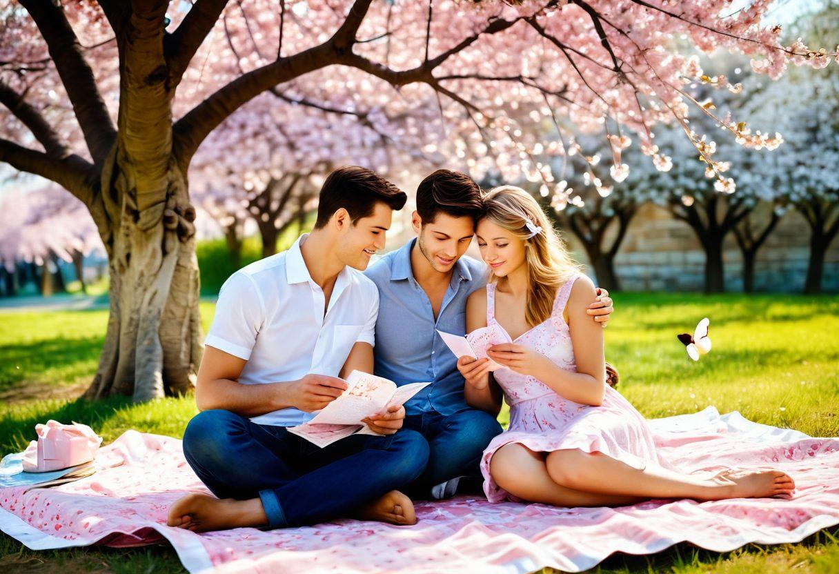 A serene couple sitting on a picnic blanket under a blooming cherry blossom tree, sharing a heartfelt moment while reading love letters. Soft sunlight filters through the branches, creating a warm and inviting atmosphere. Include playful butterflies and a gentle breeze, symbolizing the fleeting beauty of love. super-realistic. vibrant colors. dreamy background.